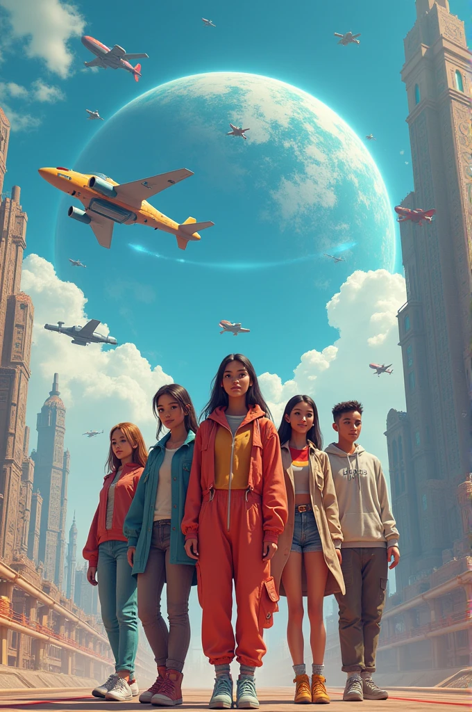 A planet with all the means of transport and 3 young ladies and 2 young men in the middle and below say GLOBAL SQUAD