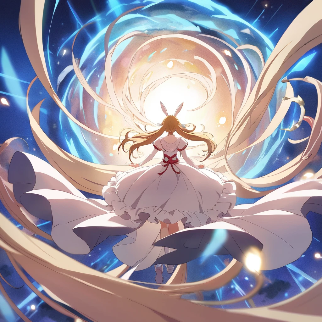 from {above|below|side|behind}, (close up face:0.5), dynamic angle, ultra intricate, ultra detailed, anime artwork {The wind spirit frilly bunny that creates tornadoes appears as if she embodies the power of nature. Her is as light as the wind, wrapped in transparent feathers. Her long rabbit ears sway in the breeze, as if sensing the flow of the air. When she waves her hand, the surrounding air swirls, and a tornado is born. The tornado dances around her, highlighting her strength and beauty.} . anime style, key visual, vibrant, studio anime, highly detailed, created by japanese anime studio. highly emotional. best quality, high resolution