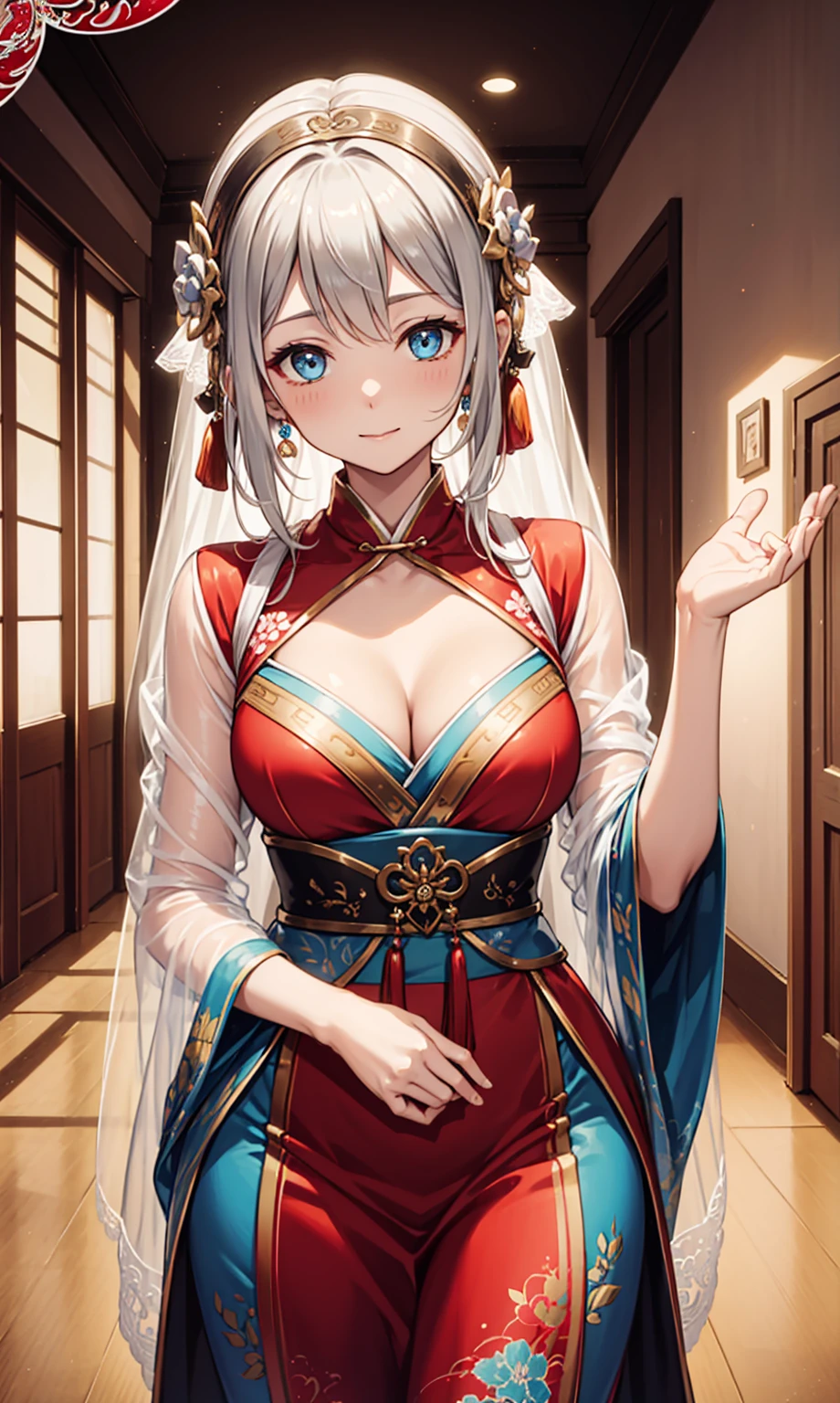 Top quality，best quality，Saint Elegant Charm，happiness，Gentle expression，in love，(Transparent colored Hanfu，Exquisite and gorgeous design)，Black Gloves，Silver Hair，blue eyes，See through transparent clothes，Exquisite hair accessories，Transparent lace，Engraving pattern，Dress nicely，In the background is an old Chinese palace，Inside the hall，Elegant Posture，night，(Long garter belt:1.1），Super super detailed，Delicate and beautiful face and eyes