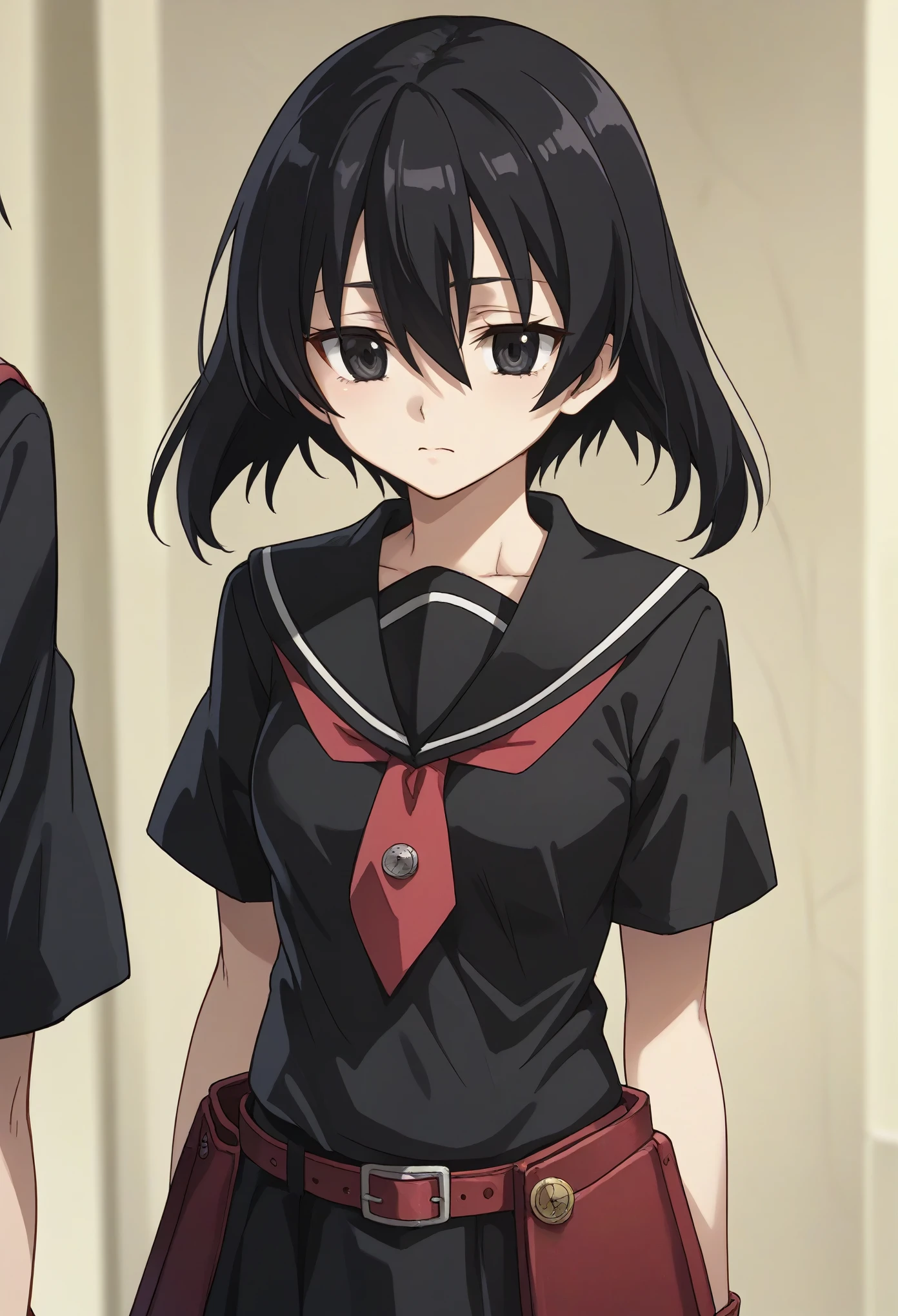 kurome, short hair, black hair, black eyes, hair between eyes,
skirt, school uniform, serafuku, belt, black serafuku, short sleeves, belt, black skirt, neckerchief, red neckerchief,