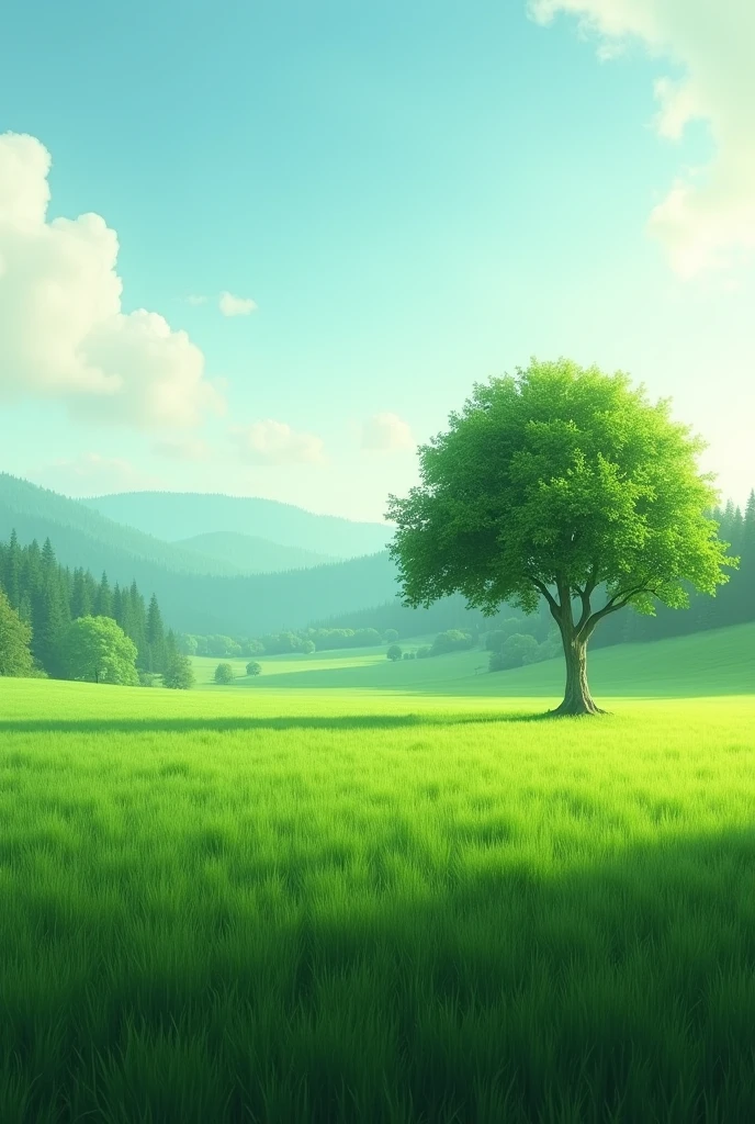 a flat green field with grass and only one shady tree and a forest in the distance