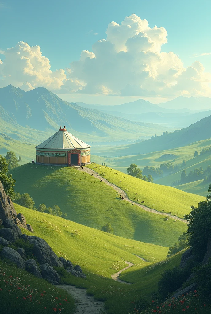 Fantasy plains seen from the sky, a single yurt stands in a distance.