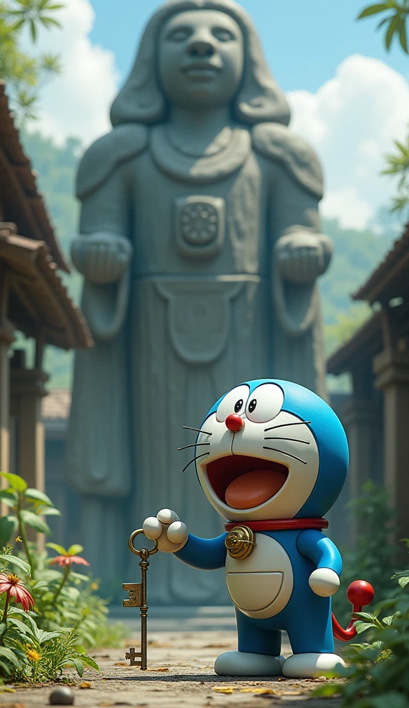 Doraemon stands in front of a large stone statue in an abandoned village., In one hand he held the small ancient key he had just found in the statue.. His face showed surprise and caution..