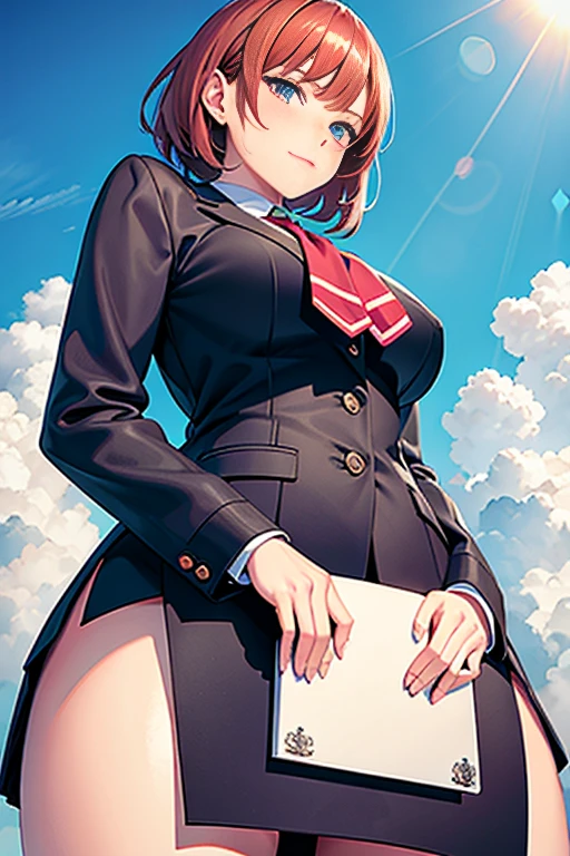 Anime style, From below, visible below skirt, perfect breaser Girl, blue suit, Super man logo on chest, short, blue skirt, naughty seductive expression with a smile, left hand showing middle finger, high quality, detailed, elegant, sensual, chiaroscuro lighting, warm tones, anime