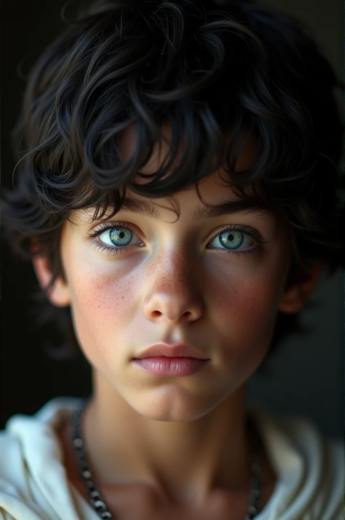 a half-Atlantean boy, wavy dark brown hair, a natural dark blue streak on his bangs, heterochromatic blue and green eyes, small freckles on the cheeks and nose, small gills on the sides of the neck, thin -Not to the worrying level- purple dark circles under the eyes.