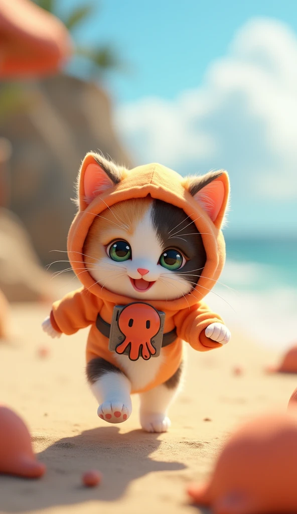 3D cute calico kitten character、happy、Squid Costume、running、Coastal、masterpiece, Background Blur, Portraits, Waist belt decorated with squid