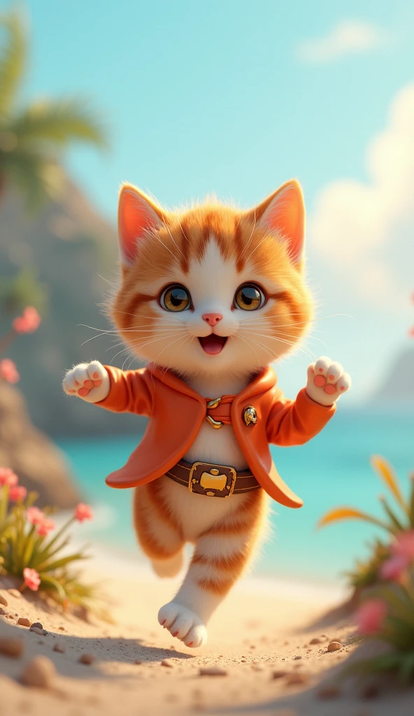 3D cute calico kitten character、happy、Squid Costume、running、Coastal、masterpiece, Background Blur, Portraits, Waist belt decorated with squid