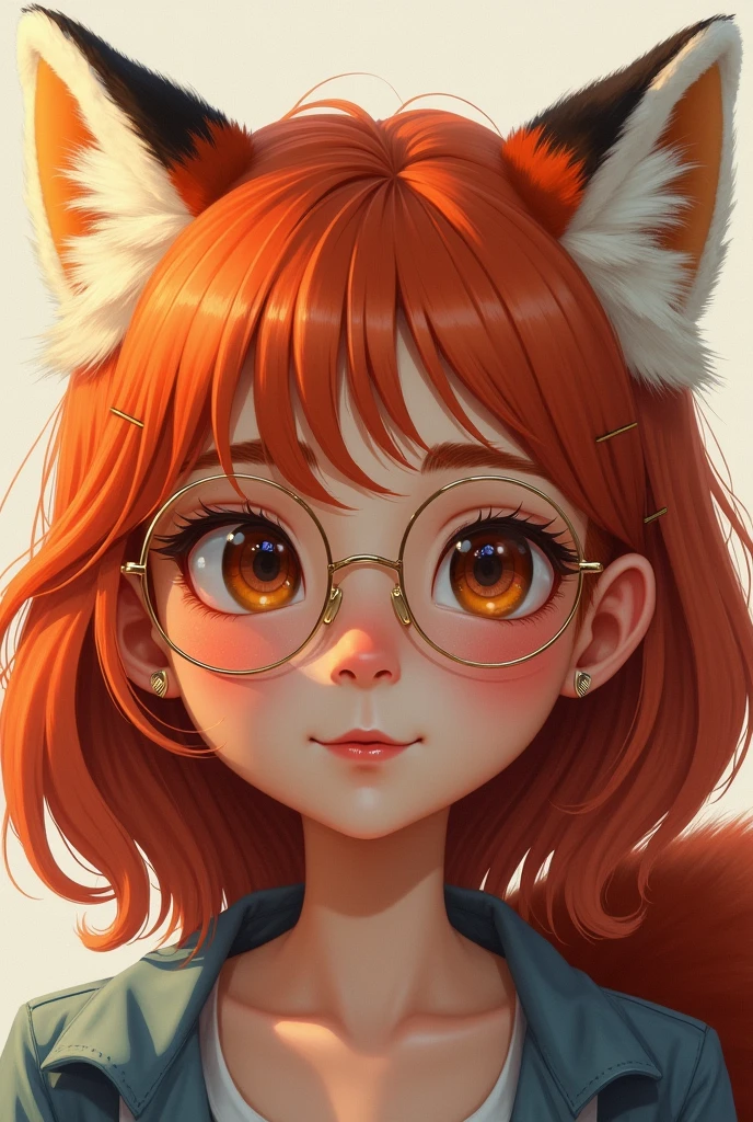 Girl with big eyes and red hair, wearing round glasses and a sweet smile with ears and tail of a red panda make her look twenty years old with piercings in one ear and one in the eyebrow