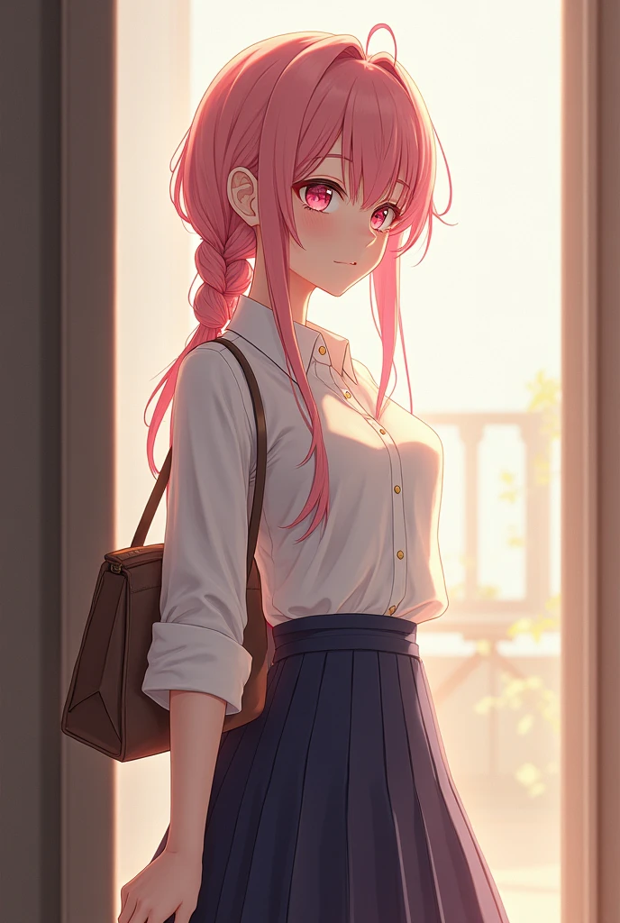 pet, hair, masterpiece, high quality 1girl Genshin Impact Yae Miko , solo,skirt, shirt, braid, hair, long, bag, pleated skirt, head out of frame, short sleeves, school uniform, collared shirt, white shirt, hair over shoulder ,full body, trim realistic