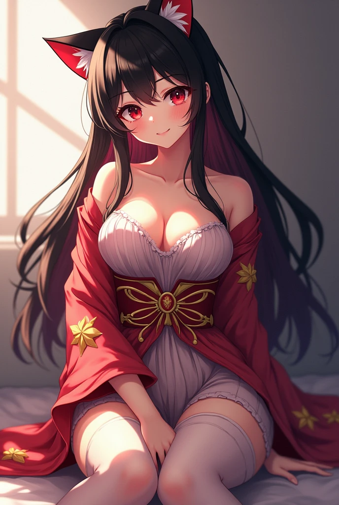 a detailed, beautiful anime-style girl with long dark hair and red highlights, odd-colored eyes (one red, one gold), wearing a mini skirt, thigh-high socks, and an off-shoulder kimono, with anatomically correct and detailed facial features, smooth skin, and cat ears, posing slightly provocatively against a simple background, (best quality, 8k, highres, masterpiece:1.2), ultra-detailed, (realistic, photorealistic:1.37), 1girl, beautiful detailed eyes, beautiful detailed lips, extremely detailed eyes and face, long eyelashes, anatomically correct, high quality model, intricate details, soft lighting, moe, anime, sensual pose, dark hair, red highlights, odd eyes, red eye, gold eye, kimono, thigh-highs, mini skirt, off-shoulder, cat ears, slight midriff showing, simple background