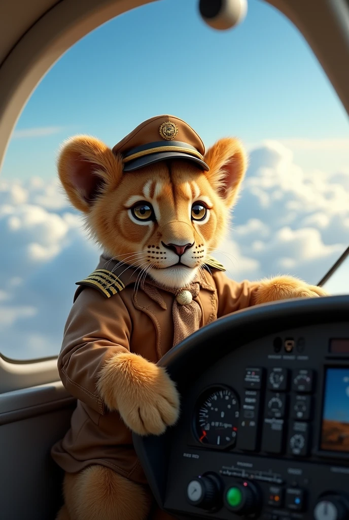 up in the air,Little lion sitting on the plane as a pilot