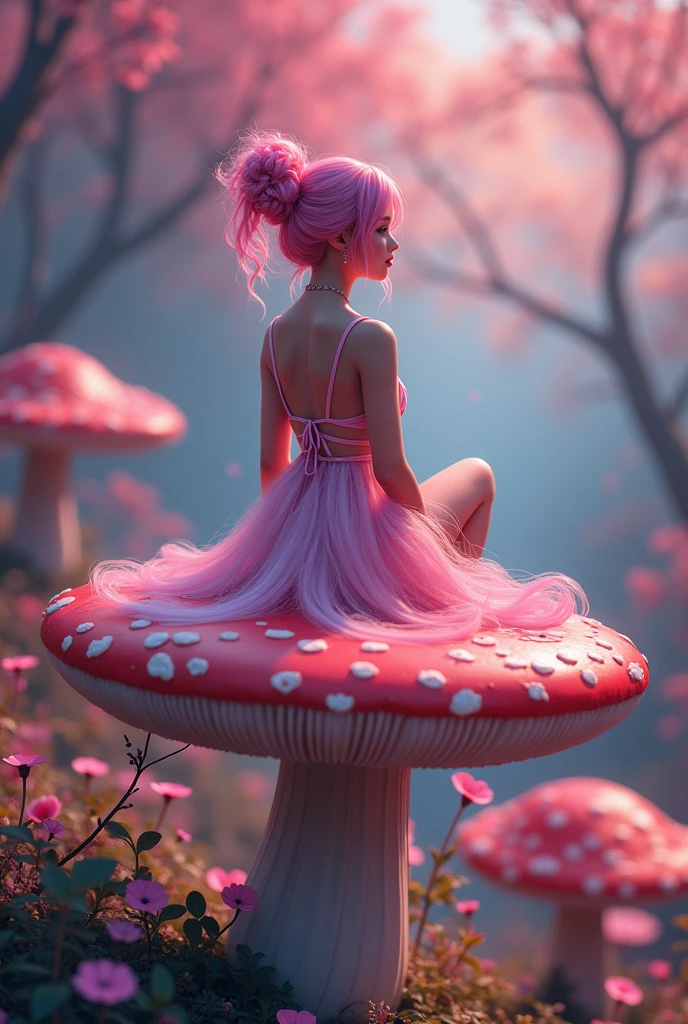 1girl,beautiful 18 year old girl,pink hair in a bun,bare shoulders,sitting on a giant mushroom,elegant,chic,modern,fashionable,muted colors,soft lighting,art nouveau,psychedelic anime style,colorful,trippy,(best quality,4k,8k,highres,masterpiece:1.2),ultra-detailed,(realistic,photorealistic,photo-realistic:1.37),HDR,UHD,studio lighting,ultra-fine painting,sharp focus,physically-based rendering,extreme detail description,professional,vivid colors,bokeh, portrait, straight on,