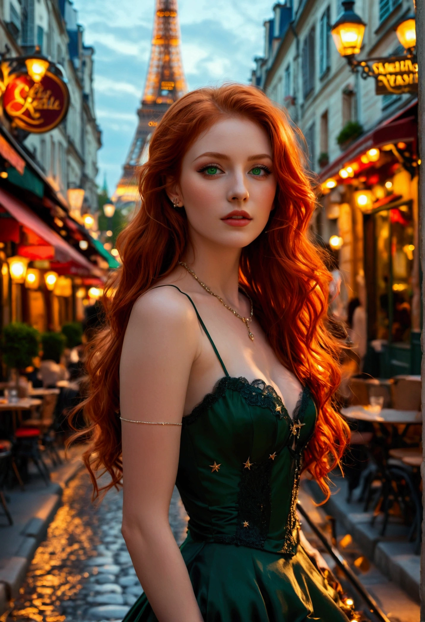 A breathtaking woman, full body photo, adorned with flaming red hair that falls over her shoulders, emerald green eyes sparkle with a supernatural allure, captivating the eyes of any observer. A charming redhead with an hourglass silhouette, parading elegantly along a cobblestone street. She wears a short, sexy dress. The soft glow of twilight casts a warm light on her, accentuating her playful confidence. In the background, the Eiffel Tower sparkles against a starry night sky screen, while vintage street lamps illuminate the scene with a romantic ambience. The atmosphere is infused with touches of the magical view of Prague's Old Town Square at dusk, with its Gothic towers, medieval astronomical clock, and the hustle and bustle of cafes and street performers