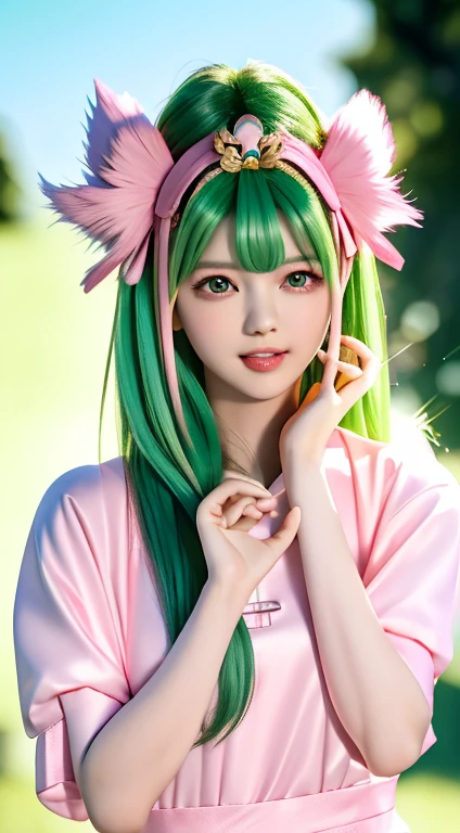 Pink nine-tailed dragon girl, (Bright green hair), ((Big Hair)), double eyelid, Perfect figure, Nice face, Perfect Skin, black eye, spirit princess, The pink era、Shining in the distant star Spica.、Pink and light green rays、A beautiful comet flies by、Pink clothes