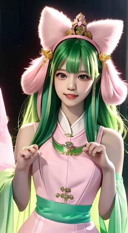 Pink nine-tailed dragon girl, (Bright green hair), ((Big Hair)), double eyelid, Perfect figure, Nice face, Perfect Skin, black eye, spirit princess, The pink era、Shining in the distant star Spica.、Pink and light green rays、A beautiful comet flies by、Pink clothes