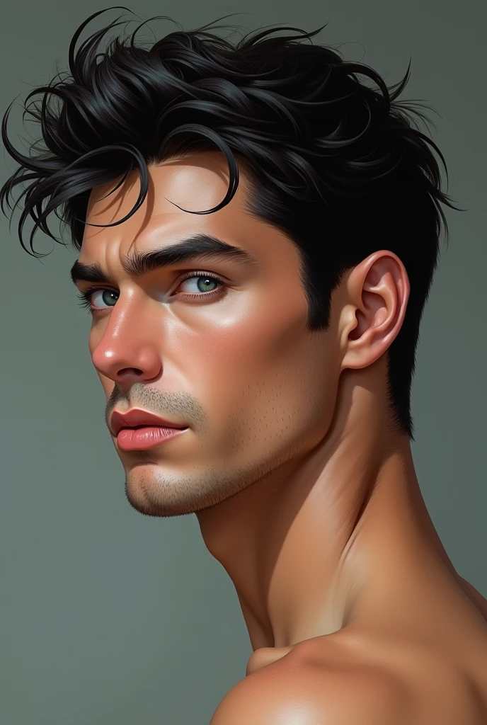 A mature young man with a Greek profile, dominant look, BIG BLUE eyes, black hair and very white skin without freckles