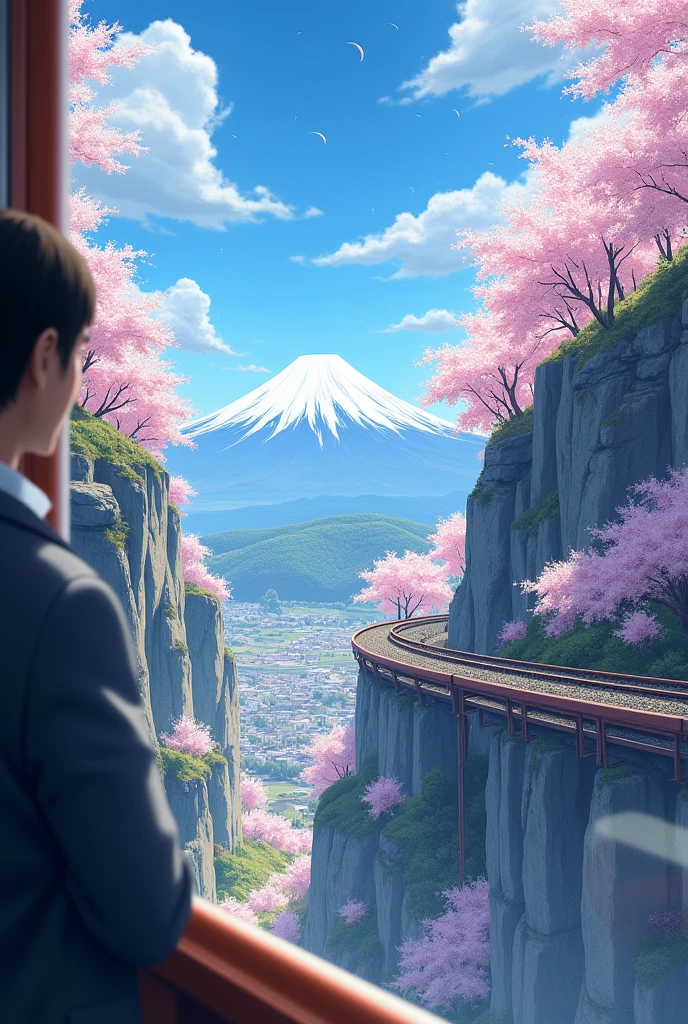 View from the train window passing by the cliffs Decorated with cherry blossoms and Mount Fuji