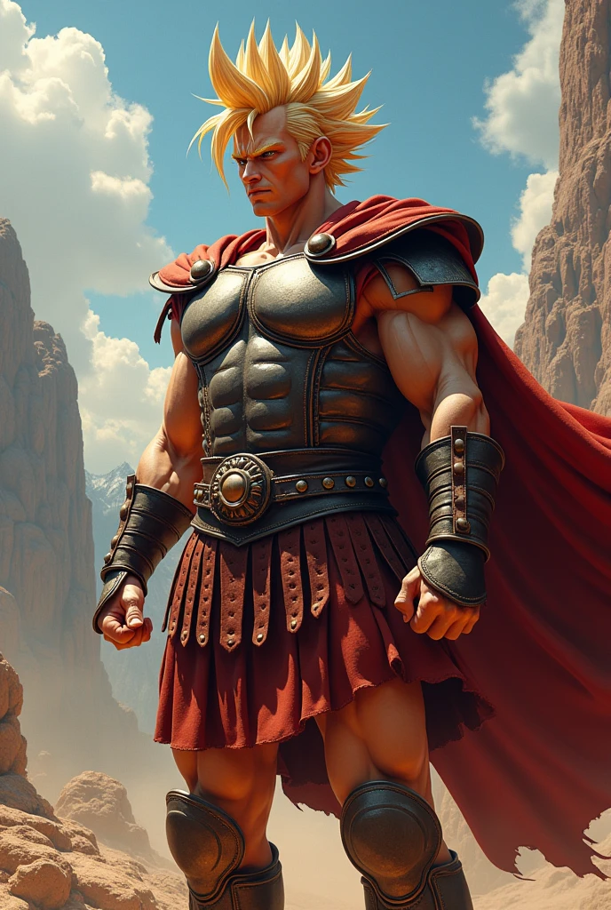 Son Goku's pants, wearing Spartan costumes from the movie '300', where pitches and tops are exposed in the style of a dragon ball cartoon