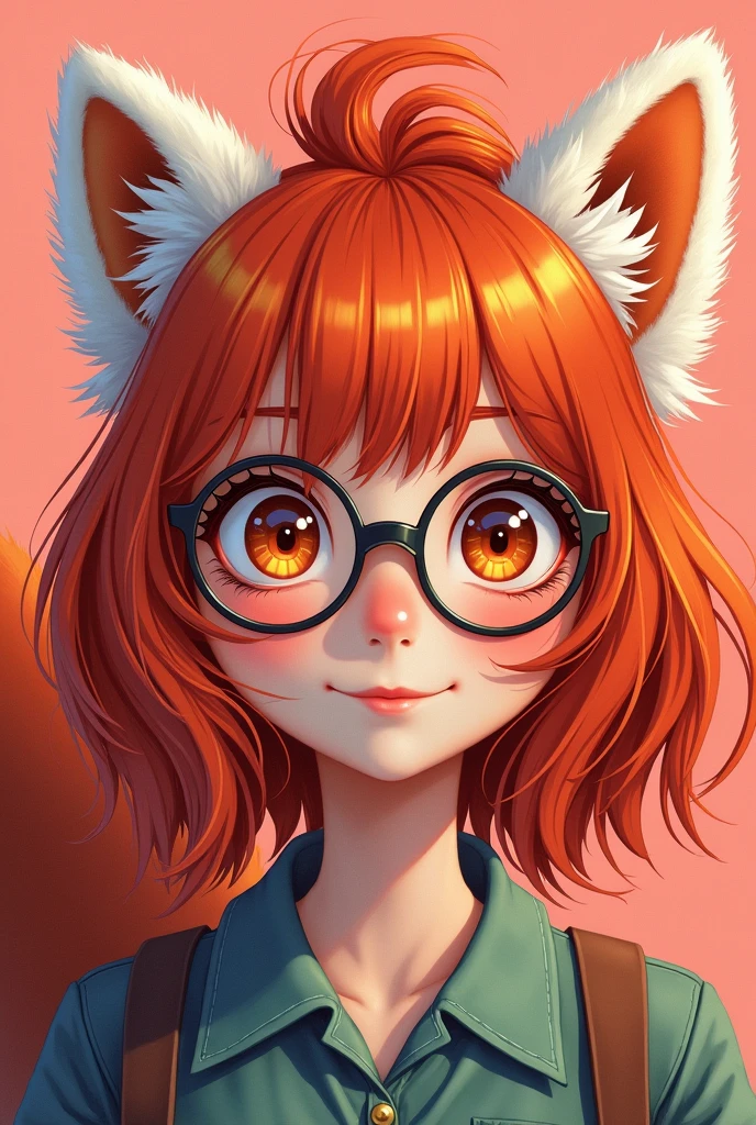 Girl with big eyes and red hair, wearing round glasses and a sweet smile with red panda ears and tail make her look twenty years old with punk style