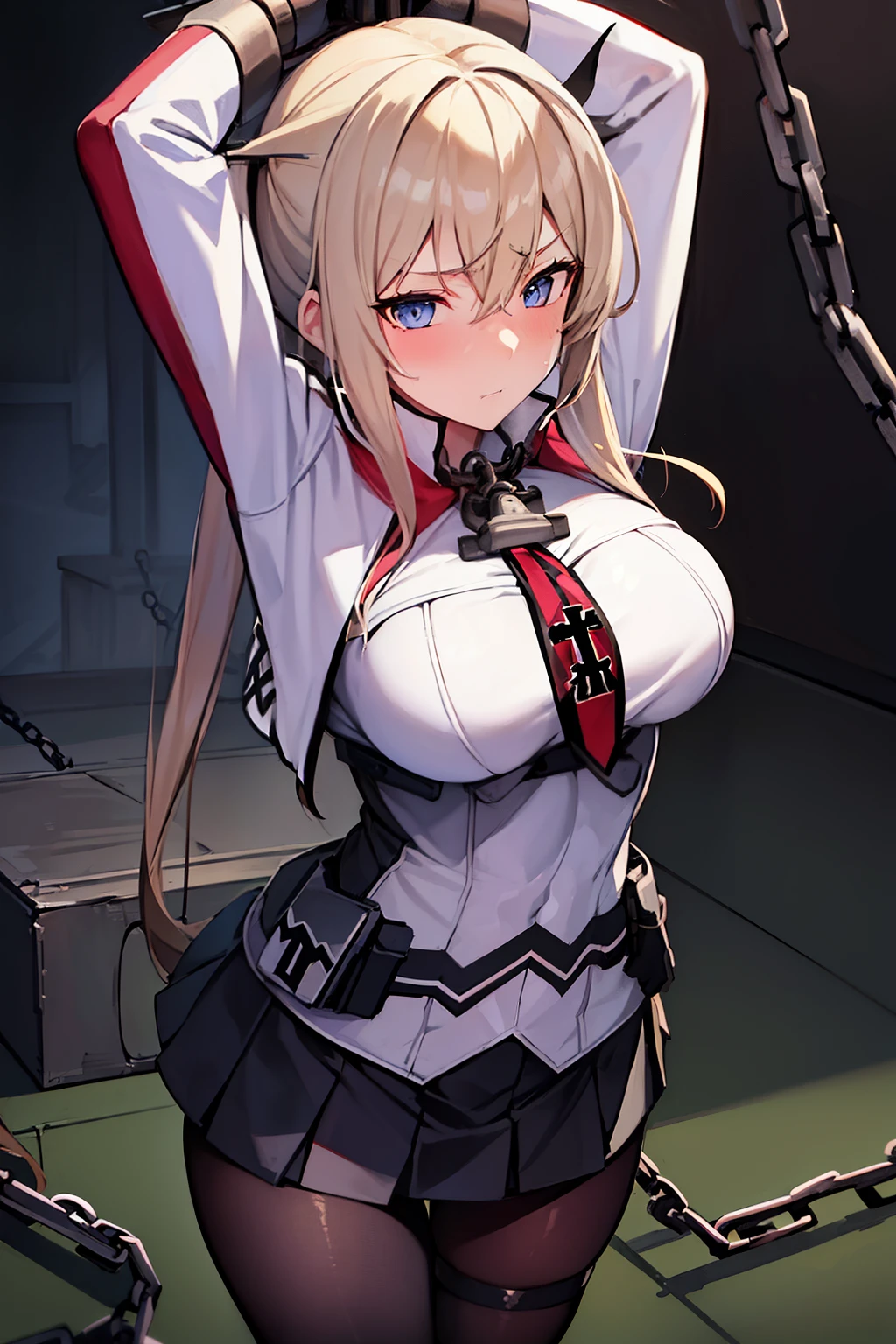 best quality, masterpiece, highres, solo, {graf_zeppelin_kantaicollection:1.15}, blonde_hair, twintails, long_hair, sidelocks, hair_between_eyes, breasts, blue_eyes, large_breasts, hat, peaked_cap, necktie, military, black skirt, short skirt, black tights, cross, blush, 1girl, looking_at_viewer, military_uniform, uniform, iron_cross, black_gloves, gloves, upper_body, ((((chained_superior)))), ((Arms suspended by chains)), arms over head, large breast, indoor, bed room, cabinet, hanged, standing, shy, scowl, teeth, sweat,