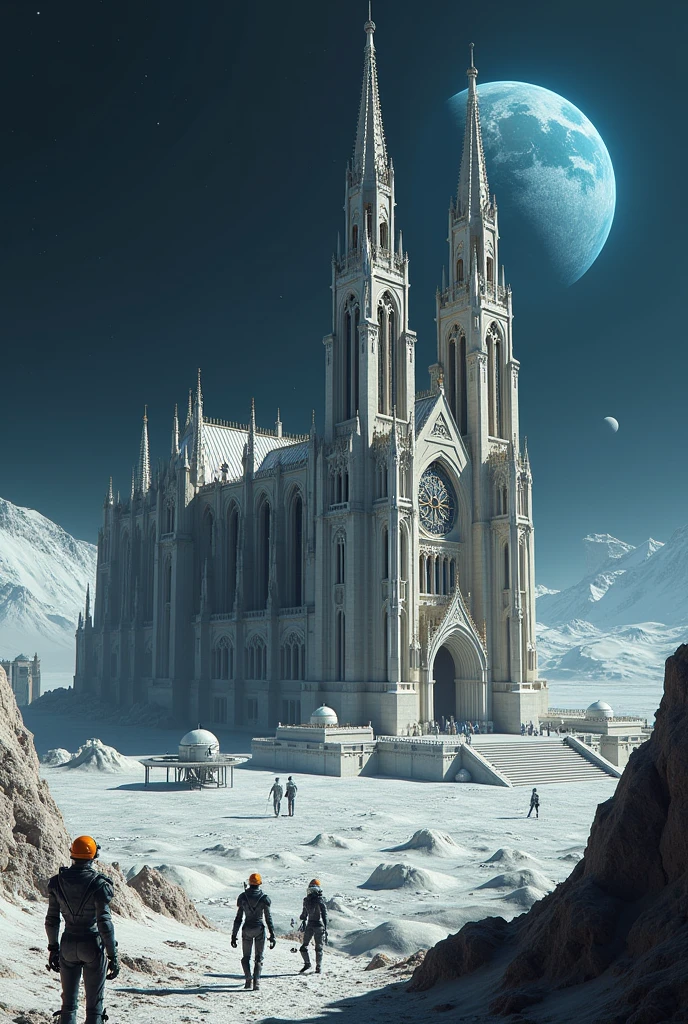 Moon base with a neo-Gothic cathedral in the center