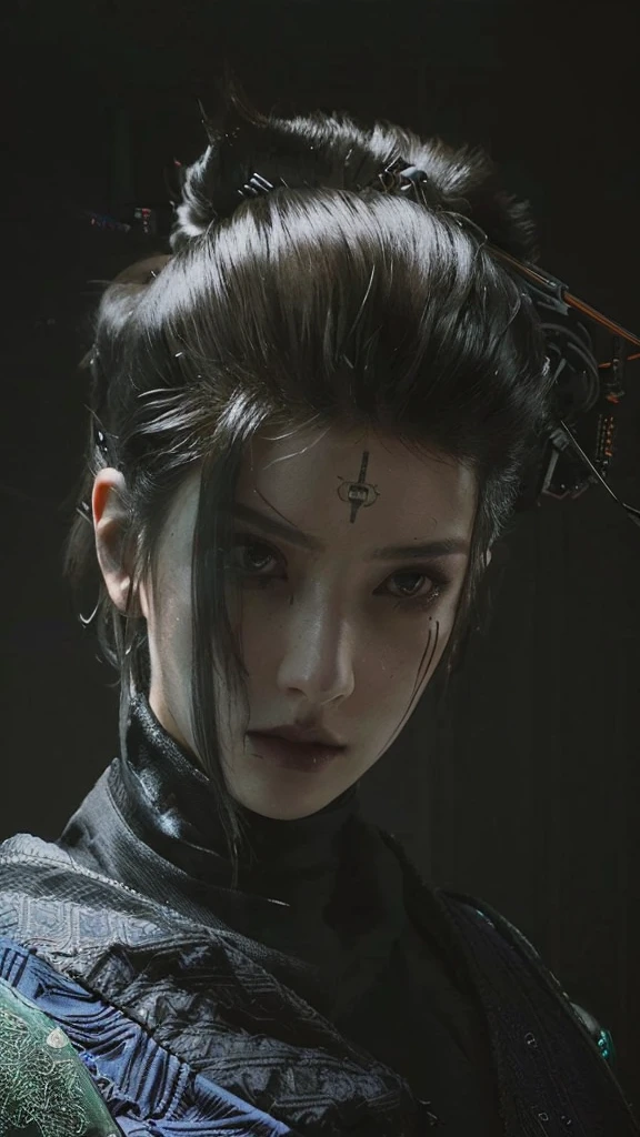 There is a delicate facial features,Black-haired woman with sad eyes, hyper-realistic Cyberpunk style, Cyberpunk style , Surrealism, Cyberpunk Makeup, Realistic dark concept art, Cyberpunk horror style, Beautiful cyberpunk girl face, Realistic portrait of the film, cyberpunk portrait, Cyberpunk Photos, Cyberpunk face, Movie goddess close up shot, 赛博朋克艺术Surrealism 8k, Film Portraits