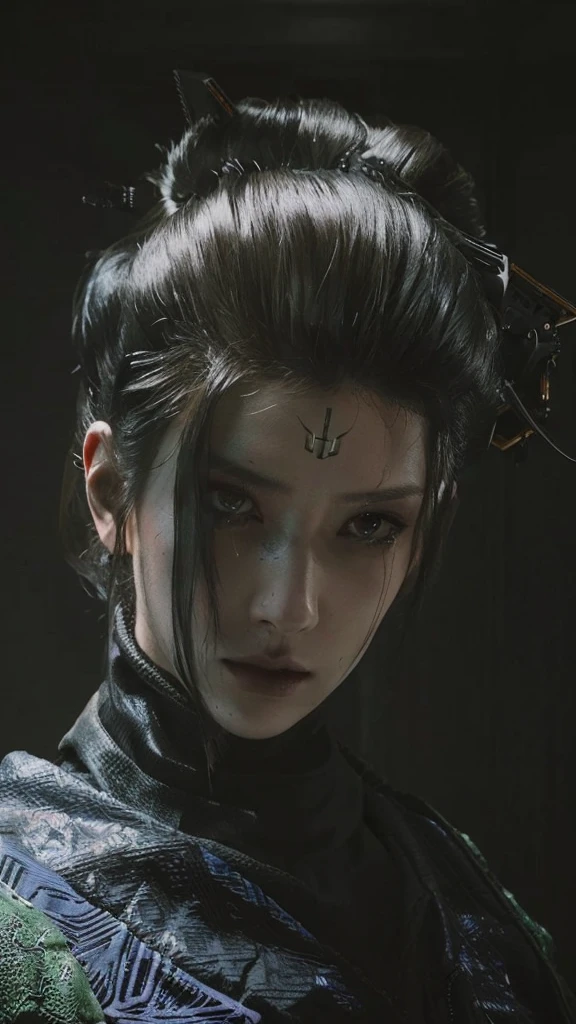 There is a delicate facial features，Black-haired woman with sad eyes, hyper-realistic Cyberpunk style, Cyberpunk style ， Surrealism, Cyberpunk Makeup, Realistic dark concept art, Cyberpunk horror style, Beautiful cyberpunk girl face, Realistic portrait of the film, cyberpunk portrait, Cyberpunk Photos, Cyberpunk face, Movie goddess close up shot, 赛博朋克艺术Surrealism 8k, Film Portraits