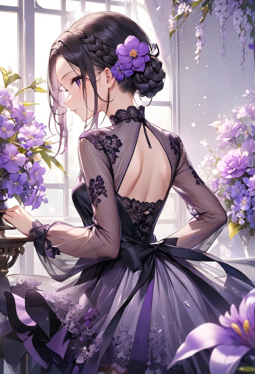 (Shiny purple long sleeve dress、)(((Flared flower lace see-through)))、black braids、(Hair tied back)、White Beauty