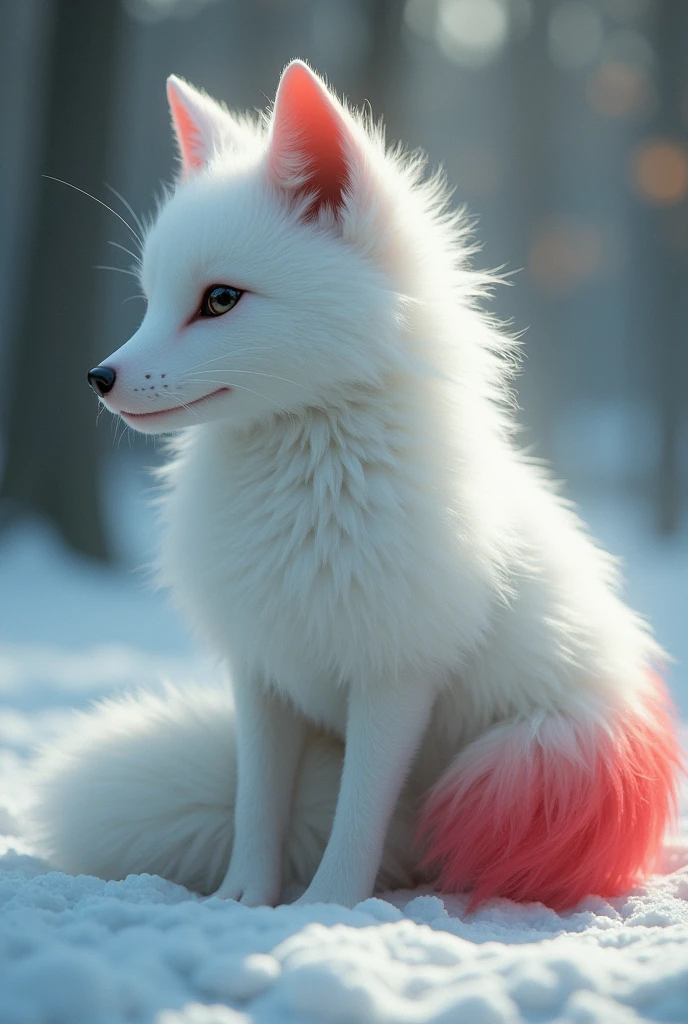 White fox, with a fluffy tail that is red at the tip
