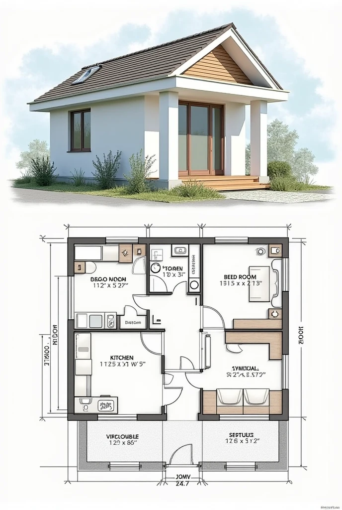 A one bedroom house plan design with, A room, kitchen , bathroom and study room