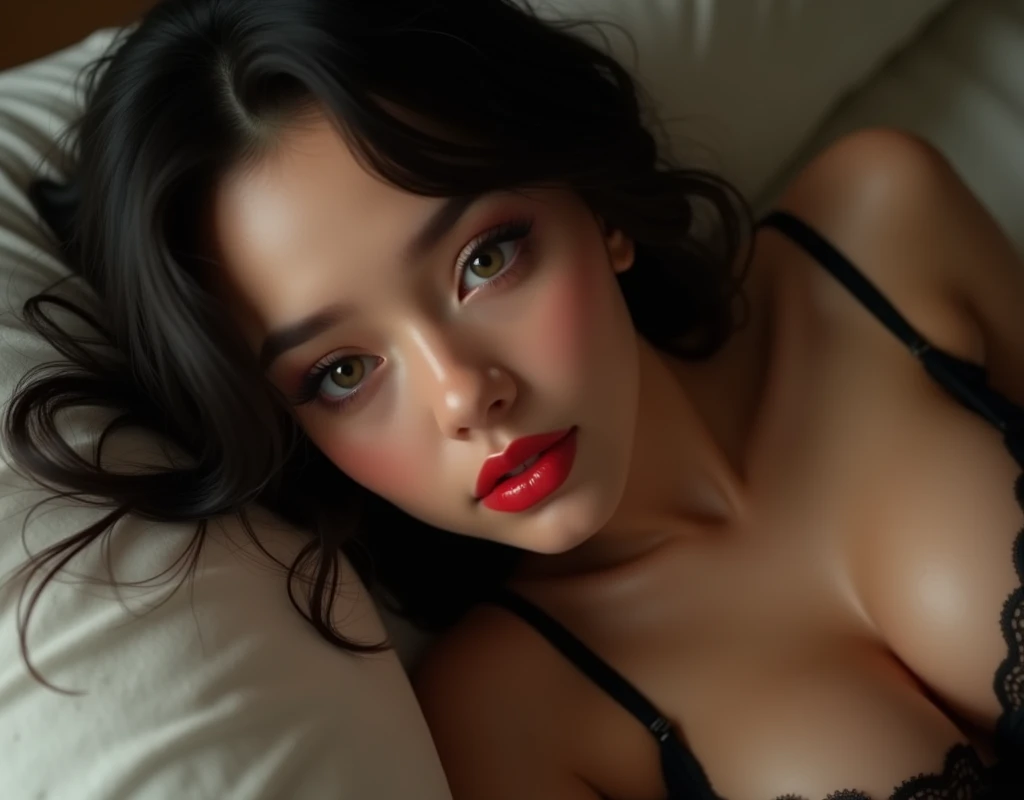 (hyperrealism, sharp images, photorealistic) (point of view from her thighs) (head to toe portrait), (highly detailed face:1.4), (highly detailed skin:1.4), (20 years old woman) (she has very black wavy hair, white skin) (breast size: 1.3), detailed hd beautiful dark green eyes, lips marked with red lipstick, flirtatious look, big light green eyes, bold black eye shadows, huge eyelashes, (She's wearing black lingerie with little pink details) (She's stretched out on the bed face down sexily moaning with pleasure, with her eyes closed) (brown tones atmosphere)