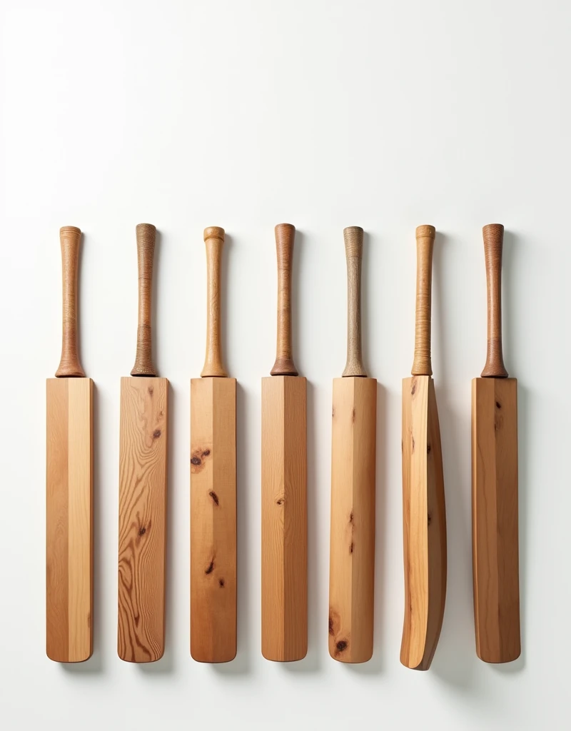 Show me 9 different angles of wooden cricket bats evenly arranged on a white background,顶光drop shadow, anaglyph, stereogram, tachi-e, ass pov, atmospheric perspective, 8k, super detail, best quality