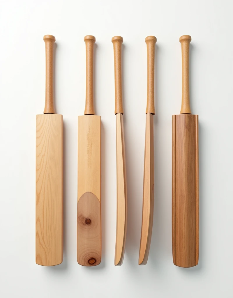 Show me 9 different angles of wooden cricket bats evenly arranged on a white background,顶光drop shadow, anaglyph, stereogram, tachi-e, ass pov, atmospheric perspective, 8k, super detail, best quality