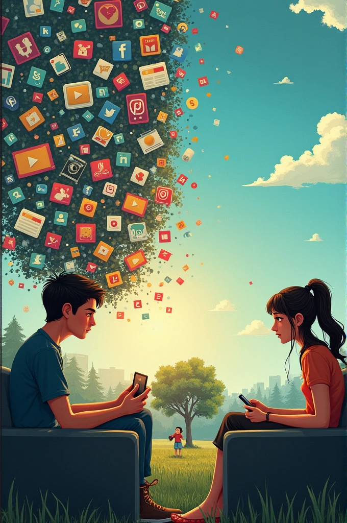 The image shows a person in front of a TV or cell phone screen, with a blank expression, surrounded by a cloud of icons representing social networks, movies, music and news. from beside, the same person outdoors, with a light smile, holding a book or interacting with other people, symbolizing the freedom and clarity of mind that comes from disconnecting.