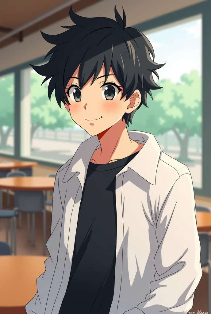 Adult boy looking forward with tenderness and mischievous eyes with a mouth in the shape of a *IN* Dragon Ball or Kaiyu type drawing style number 8 anime with white jacket and black shirt in the background of a cafeteria