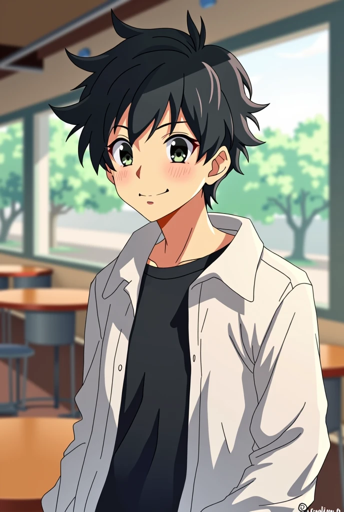 Adult boy looking forward with tenderness and mischievous eyes with a mouth in the shape of a *IN* Dragon Ball or Kaiyu type drawing style number 8 anime with white jacket and black shirt in the background of a cafeteria