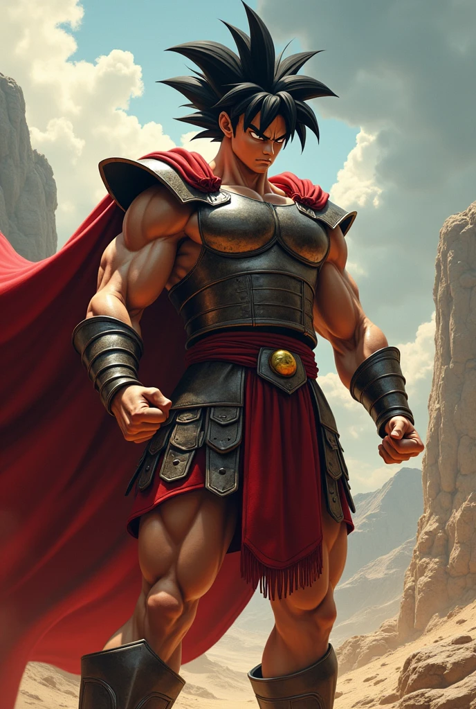 Son Goku wearing Spartan costume from the movie '300', where pitches and tops are exposed in the style of a dragon ball cartoon