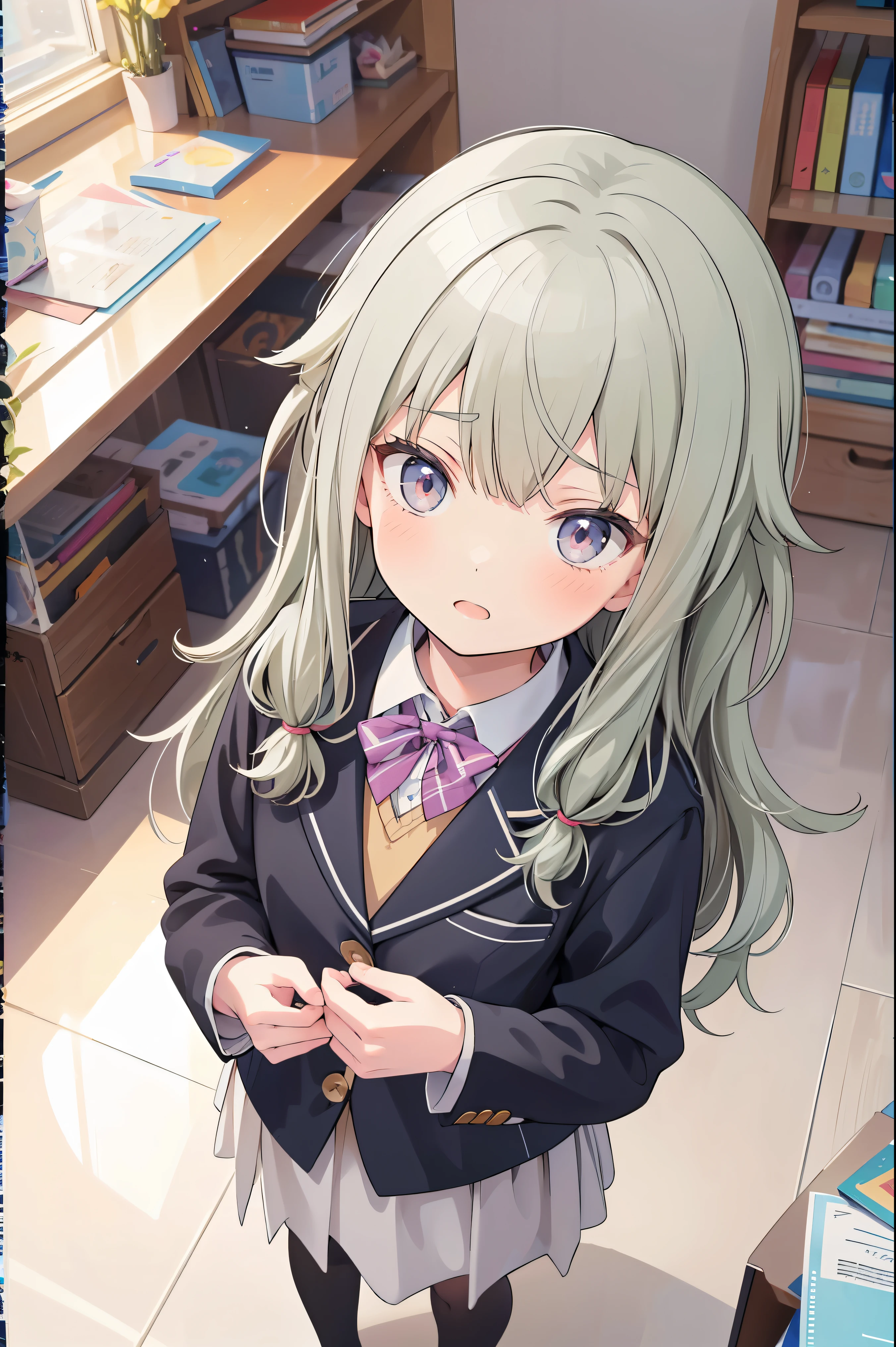(8k, 最high quality)、Ultra-high resolution、adorable、最high quality, beautiful, (((Absurd beauty)))、school uniform、blazer、high quality、Shiny Hair、Very fine and beautiful bright eyes、Medium chest、nose blush、Very detailed, clear and beautiful face, Awards, (Anatomically correct), (((from above)))