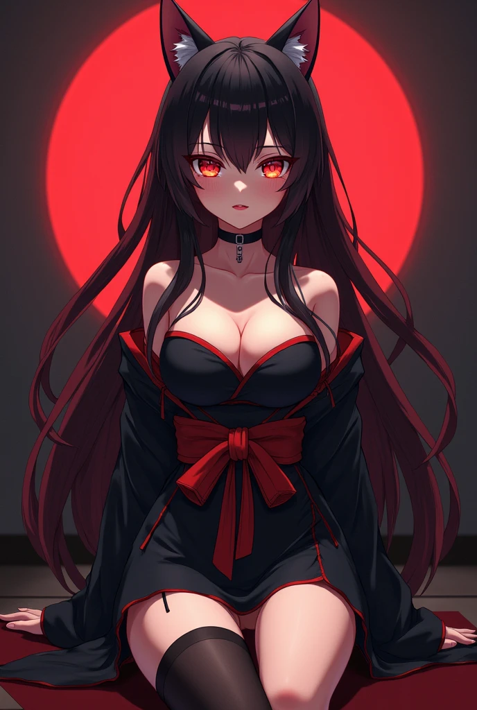1girl, detailed beautiful anime-style girl, long dark hair with red highlights, heterochromia eyes (one red, one gold), wearing mini skirt, thigh-high socks, off-shoulder kimono, anatomically correct and highly detailed facial features, smooth skin, cat ears, provocative pose, (best quality, 8k, highres, masterpiece:1.2), ultra-detailed, (realistic, photorealistic:1.37), beautiful detailed eyes, beautiful detailed lips, extremely detailed eyes and face, long eyelashes, anatomically correct, high quality model, intricate details, soft lighting, moe, anime, sensual pose, dark hair, red highlights, odd eyes, red eye, gold eye, kimono, thigh-highs, mini skirt, off-shoulder, cat ears, slight midriff showing, simple background, lifeless eyes, dark atmosphere