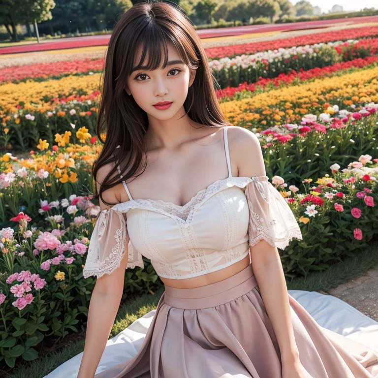 long skirt,in the flower field，Wear a dress，rotate，1 female, On the face, laughing out loud, light brown hair, blunt bangs, hair behind ears, Shoulder-length hair, long hair, Slender body type, 超face slimming型, face slimming, delicate lips, beautiful eyes, Thin blush, Eyes are light brown,View here, (actual:1.3), One person's perspective, 8k, Super detailed, high quality, best quality, High resolution, ，Large Breasts，wear a H cup, 2,Off-shoulder tops，Lace top，puffy skirt
