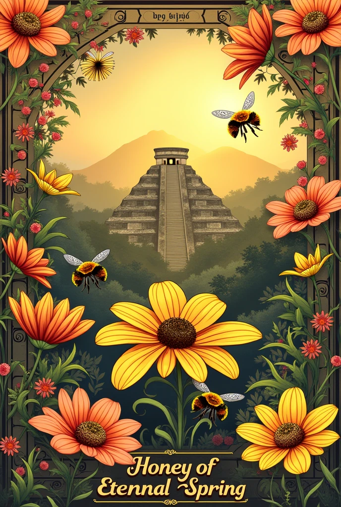 label with flower design, floating bees or honeycomb, Mayan city tikal, Something representative of the Mayans in Guatemala, put it as a label mark "Honey of eternal spring",  and add somewhere strategic origin "guatemala"
