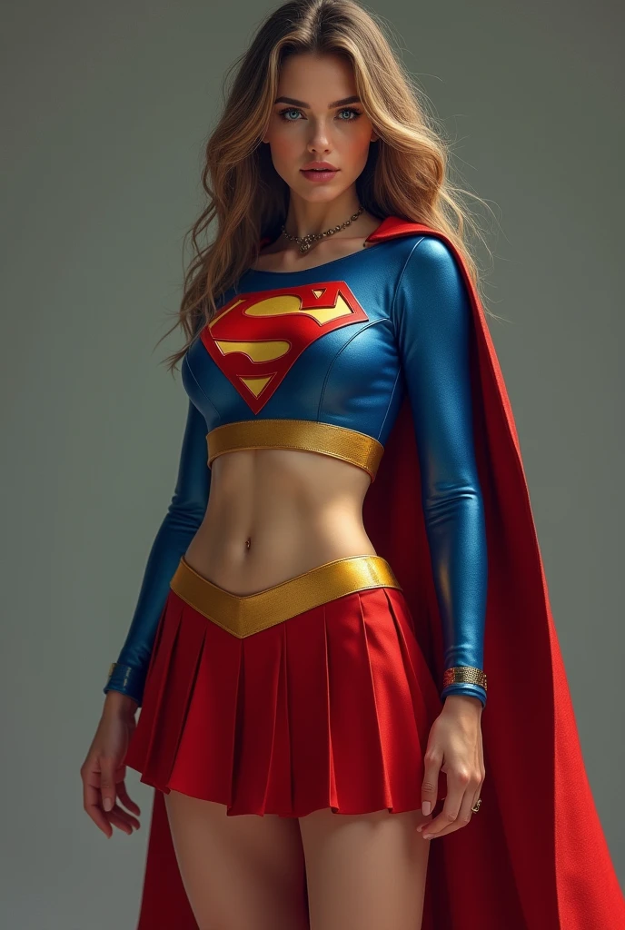 full view of A SEXY TEENAGE FEMALE WITH PEARL BLUE EYES AND LONG MESSY HAIR WEARING A CLASSIC BLUE SUPERMAN LONG SLEEVED CROP TOP COSTUME, A SHORT RED PLEATED SKIRT WITH A YELLOW, RED HIGH HEELED BOOTS, AND RED SUPERMAN CAPE WITH YELLOW TRIM. large breasts, incredibly detailed skin and eyes, seductive poses, 8K resolution, masterpiece, ultra-detailed, realistic, photo-realistic, vivid colors, dramatic lighting,