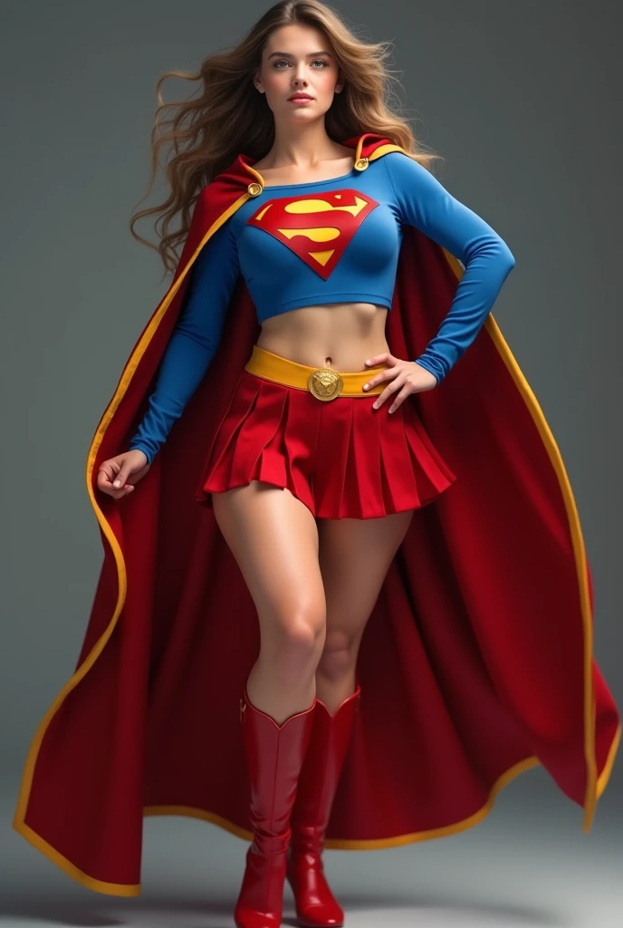 full view of A SEXY TEENAGE FEMALE WITH PEARL BLUE EYES AND LONG MESSY HAIR WEARING A CLASSIC BLUE SUPERMAN LONG SLEEVED CROP TOP COSTUME, A SHORT RED PLEATED SKIRT WITH A YELLOW BELT, RED HIGH HEELED BOOTS, AND RED SUPERMAN CAPE WITH YELLOW TRIM. large breasts, incredibly detailed skin and eyes, seductive poses, 8K resolution, masterpiece, ultra-detailed, realistic, photo-realistic, vivid colors, dramatic lighting,