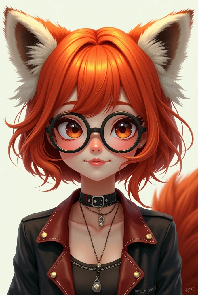 Girl with big eyes and red hair, wearing round glasses and a sweet smile with red panda ears and tail make her look twenty years old with rocker clothes 
