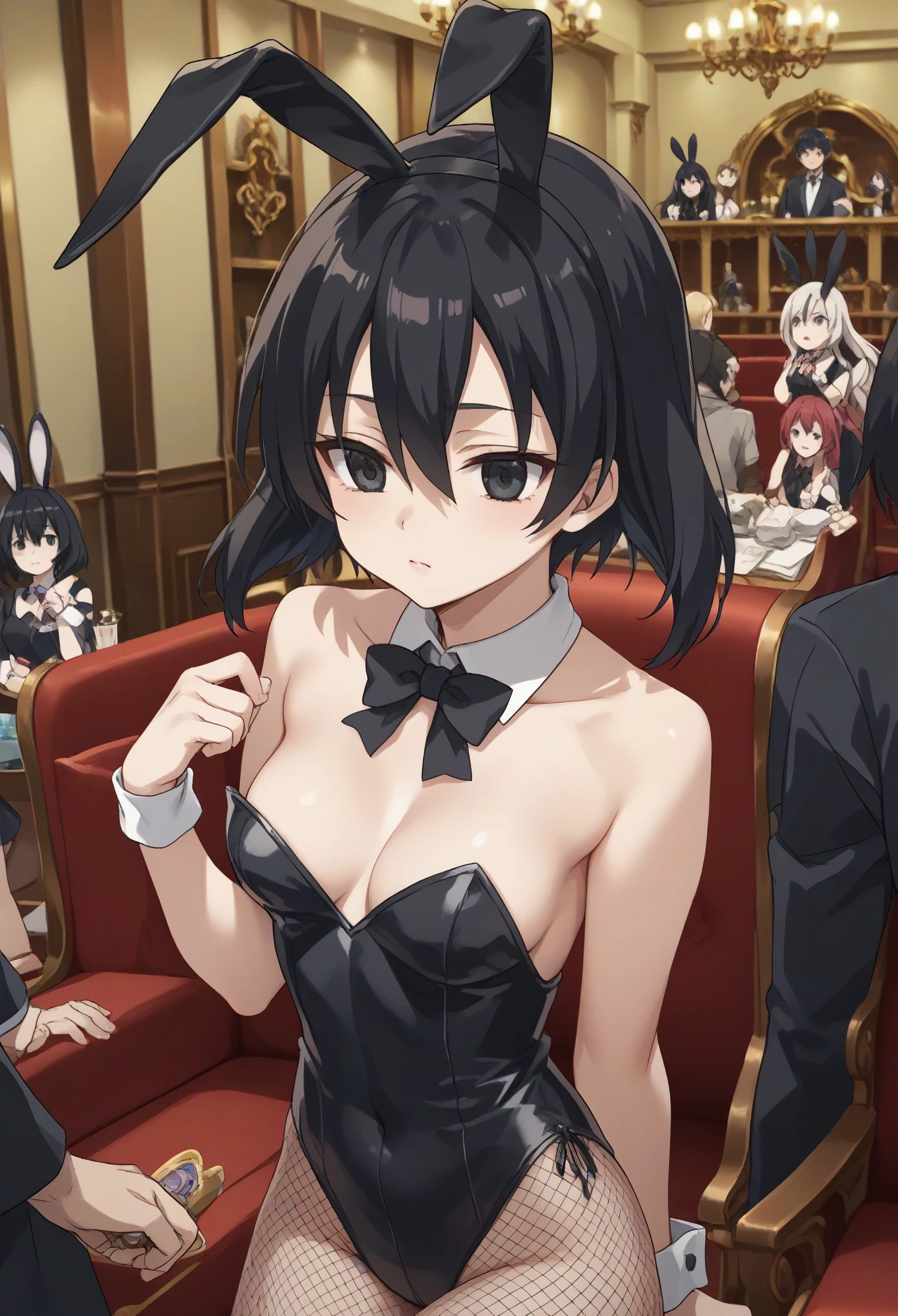 kurome, short hair, black hair, black eyes, hair between eyes,,BLACK BUNNY SUIT,BUNNY EARS,fishnet,