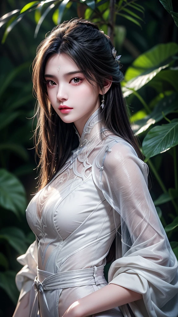 Beautiful semi-three-dimensional style,((Enchanting royal sister)),Oversized upper body,Clothing glows fluorescence,masterpiece,(Best quality),Warm and cold coordination,,(Extremely detailed CG unity 8kwallpaper),blue eyes,Delicate eyes)(Messy hair),Colored tip,Black inner hair,Intricate filigree,Volumetric Lighting,jungle,Tyndall Effect,A sense of colorful atmosphere,Halation,Best quality,(masterpiece:1.35),wallpaper,(illustration),Original,Delicate accessories,Flowing long hair,Messy hair,Black fog surrounds,Dense forest,Big red lantern,A large number of light particles,magic,Flowing ripples,(Best quality),Fine details,Watercolor effect,Ink splash,Pink floating clouds,lightning,Hydration,gradient,Extra long hair,Delicate face,((Exquisite facial features),((Long eyelashes))),((Enchanting and charming)),Red pupils,Classical temperament,cartoon,Beautiful and exquisite,Jungle Adventure,Temperament confidence,8K,Women's whole body,arrogant,enthusiasm,Beauty,(Full body close-up),Dreamy and beautiful,Depth of Field,Macro lens,Queen temperament,y long legs,Big boo