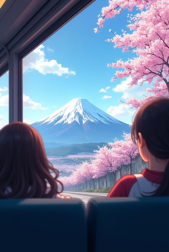 View from the window of a bus passing by a cliff decorated with cherry blossoms and Mount Fuji