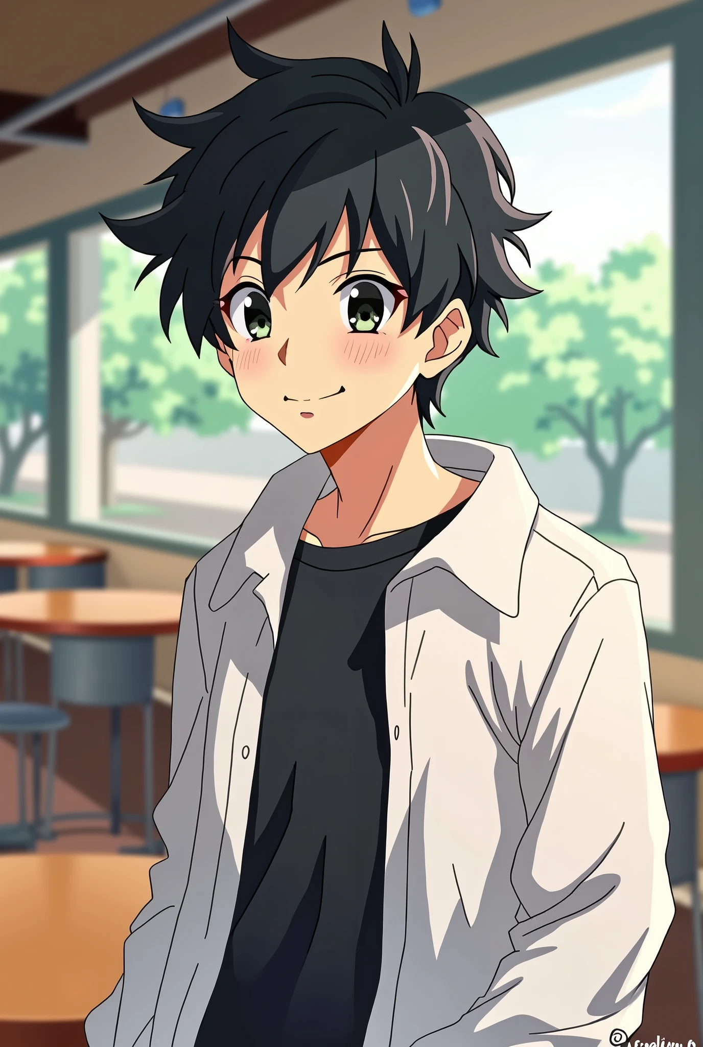 Adult boy looking forward with tenderness and mischievous eyes with a mouth in the shape of a *IN* Dragon Ball or Kaiyu type drawing style number 8 anime with white jacket and black shirt in the background of a cafeteria