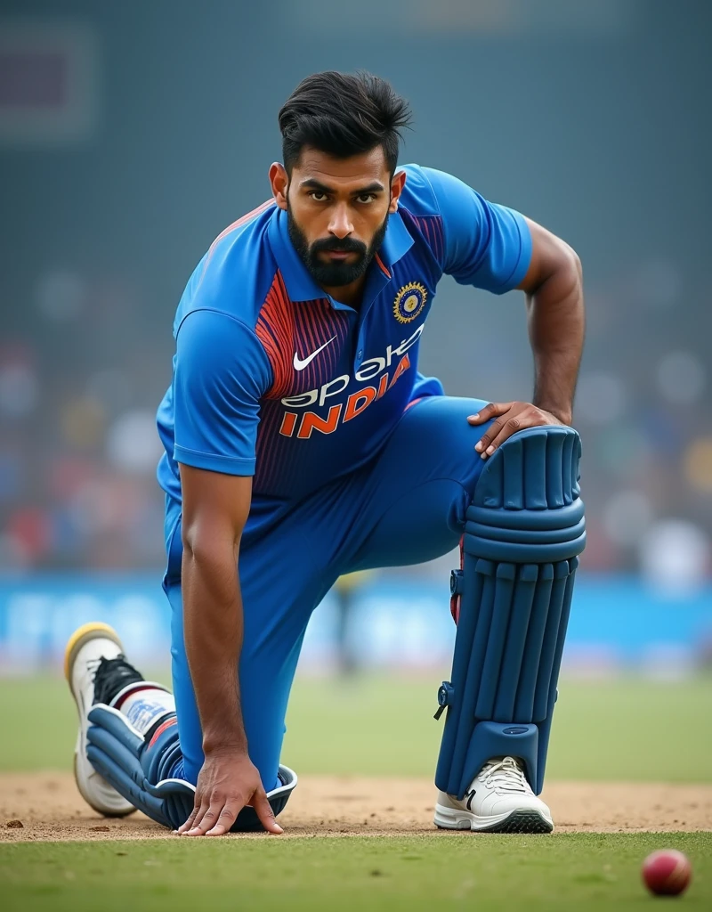 Give me a cricket wicketkeeper with INDIA written on his blue jersey and white sneakers, doing a half squat preparation,drop shadow, anaglyph, stereogram, tachi-e, ass pov, atmospheric perspective, 8k, super detail, best quality