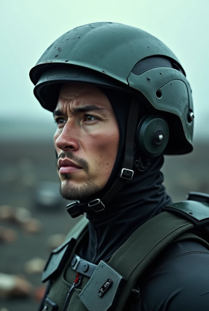 there is a man with a helmet and a wetsuit, cinematographic frame, Edgar Maxence and Ross Tran, Closeup of face, futuristic soldier, still film of a tired, by Pierre Lafillé, military, without helmet, male with halo, shattered land, my uncle, color corrected  